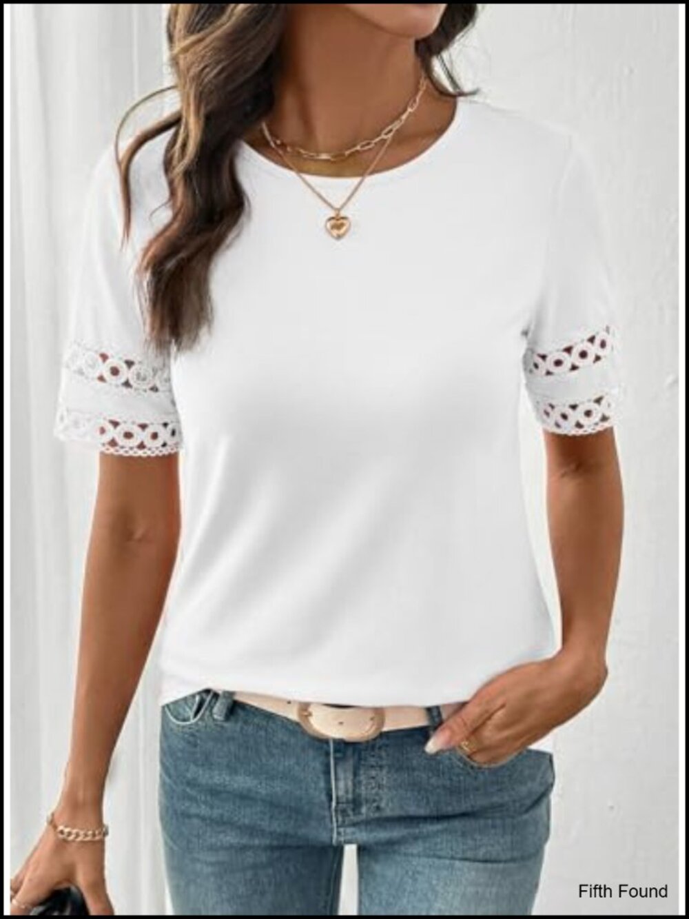 Lace Hollow Out Short Sleeve Crew Neck T-Shirt Blouse - Picture 2 of 6